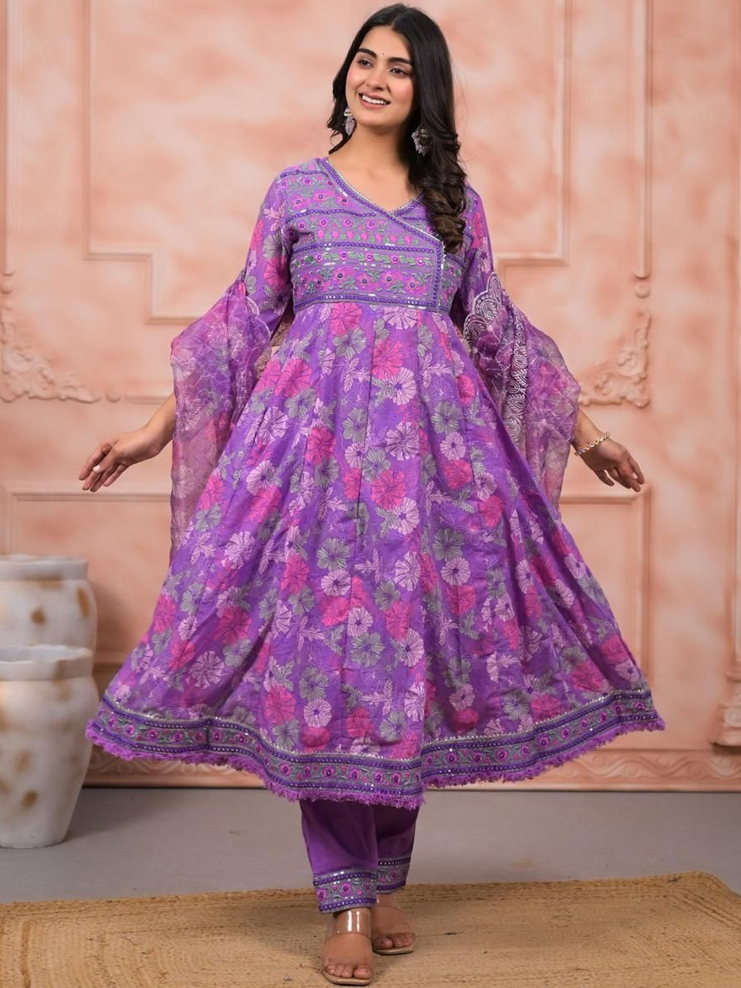 Parth Creations Women Embroidered Cotton Blend Kurta Pant Attached Dupatta Set