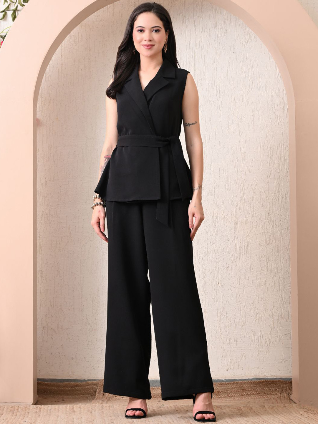 YELLOW PARROT Shirt Collar Peplum Top With Trousers Co-Ords