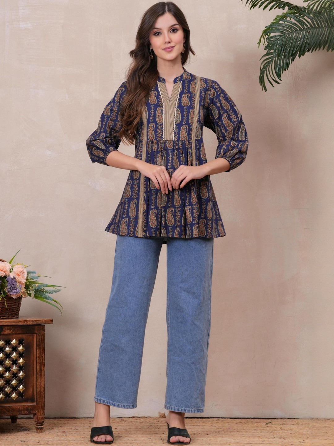 Jyoti Women Navy Print Mandarin Collar Cotton Top