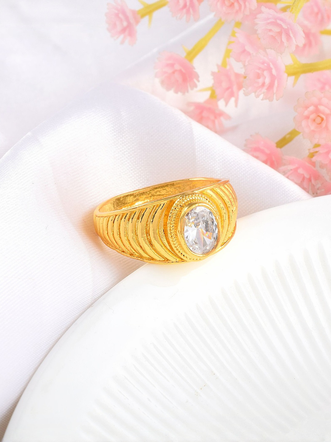 Brass Goldplated Natural White Crystal Reiki Fenghui stone Astrology Fingerring