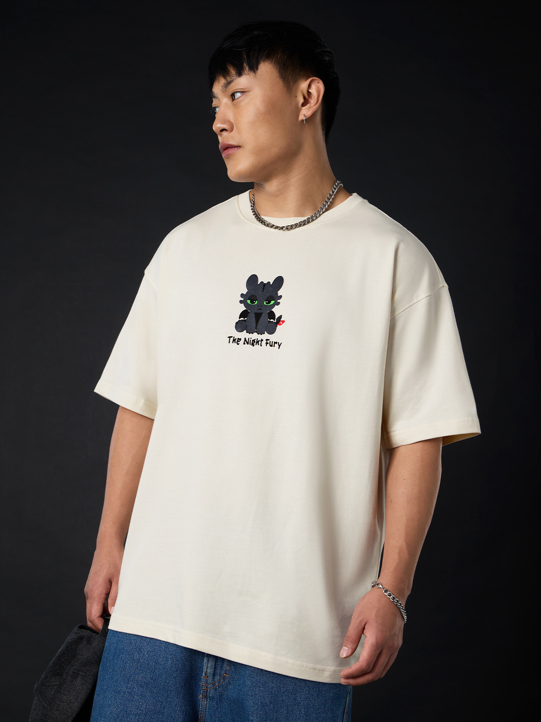 The Souled Store Men HTTYD: Night Fury Chibi Off-White Oversized Fit T-Shirts