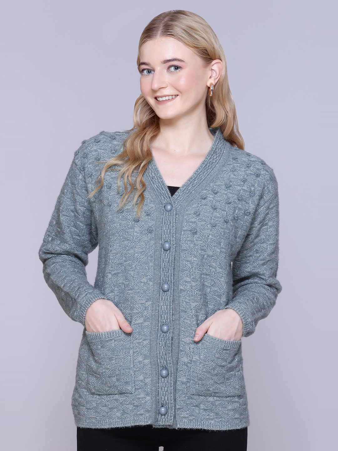 TRUDO Women Woollen self Design Full Sleeve Cardigan
