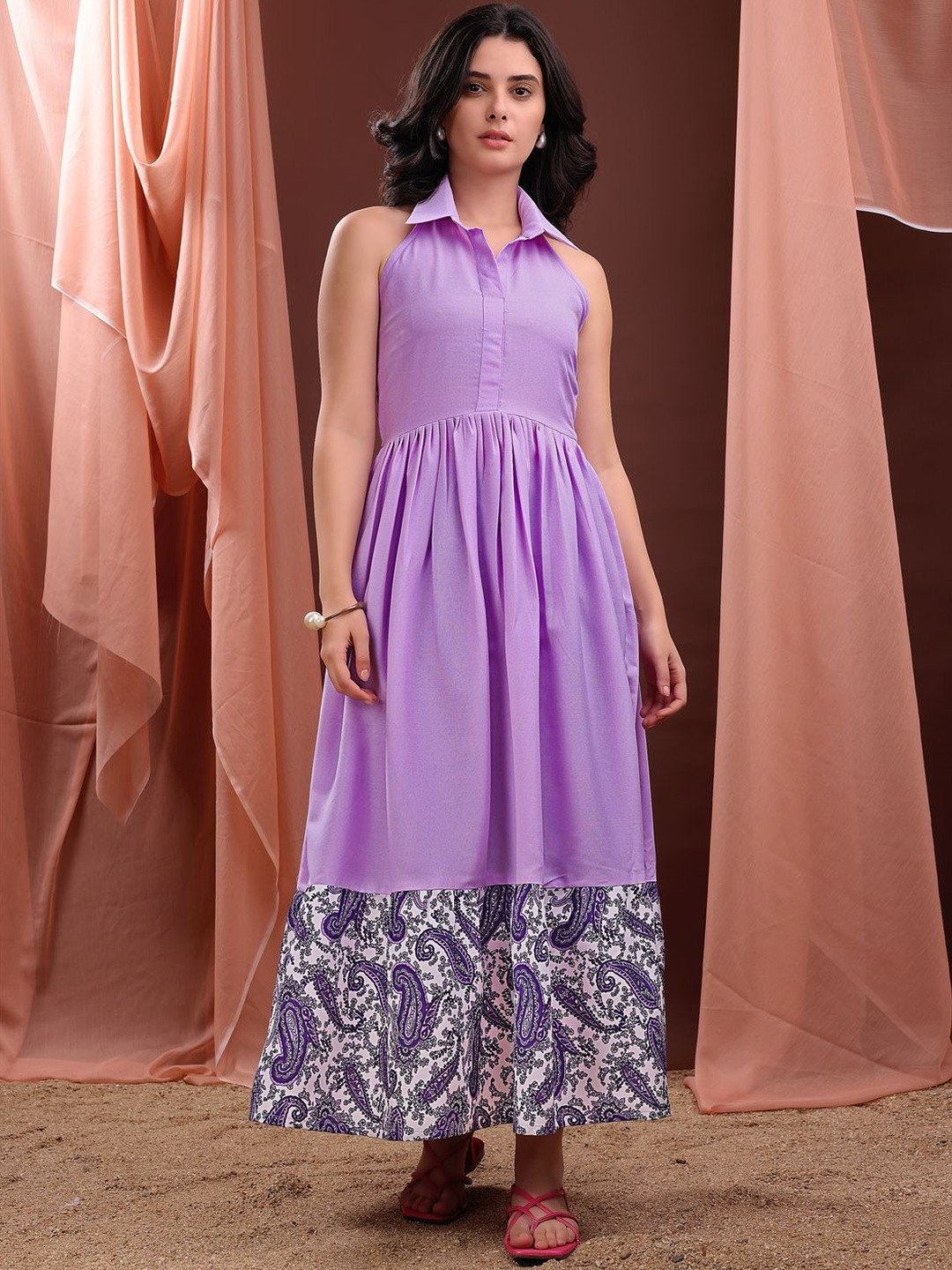 Women Solid Purple Maxi Cotton Dress