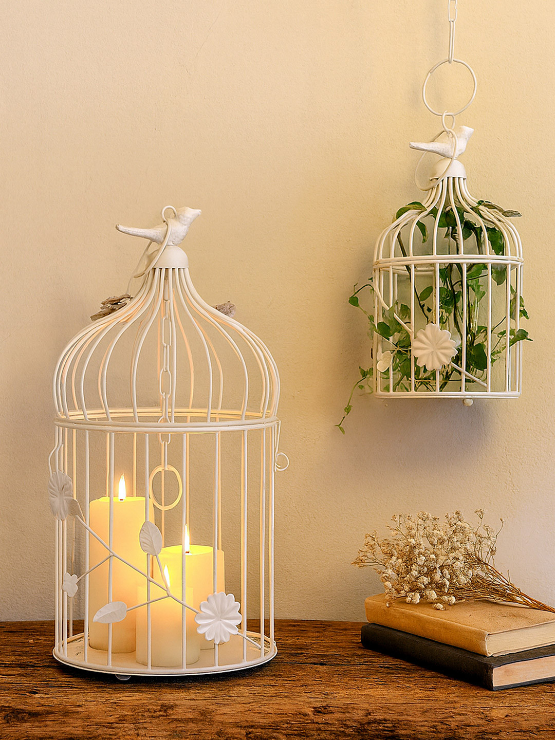 Homesake Bird Cage with Hanging Chain White Metal Metallic Living Room Lights Set of 2 Large Showpieces - 30.7 Inches