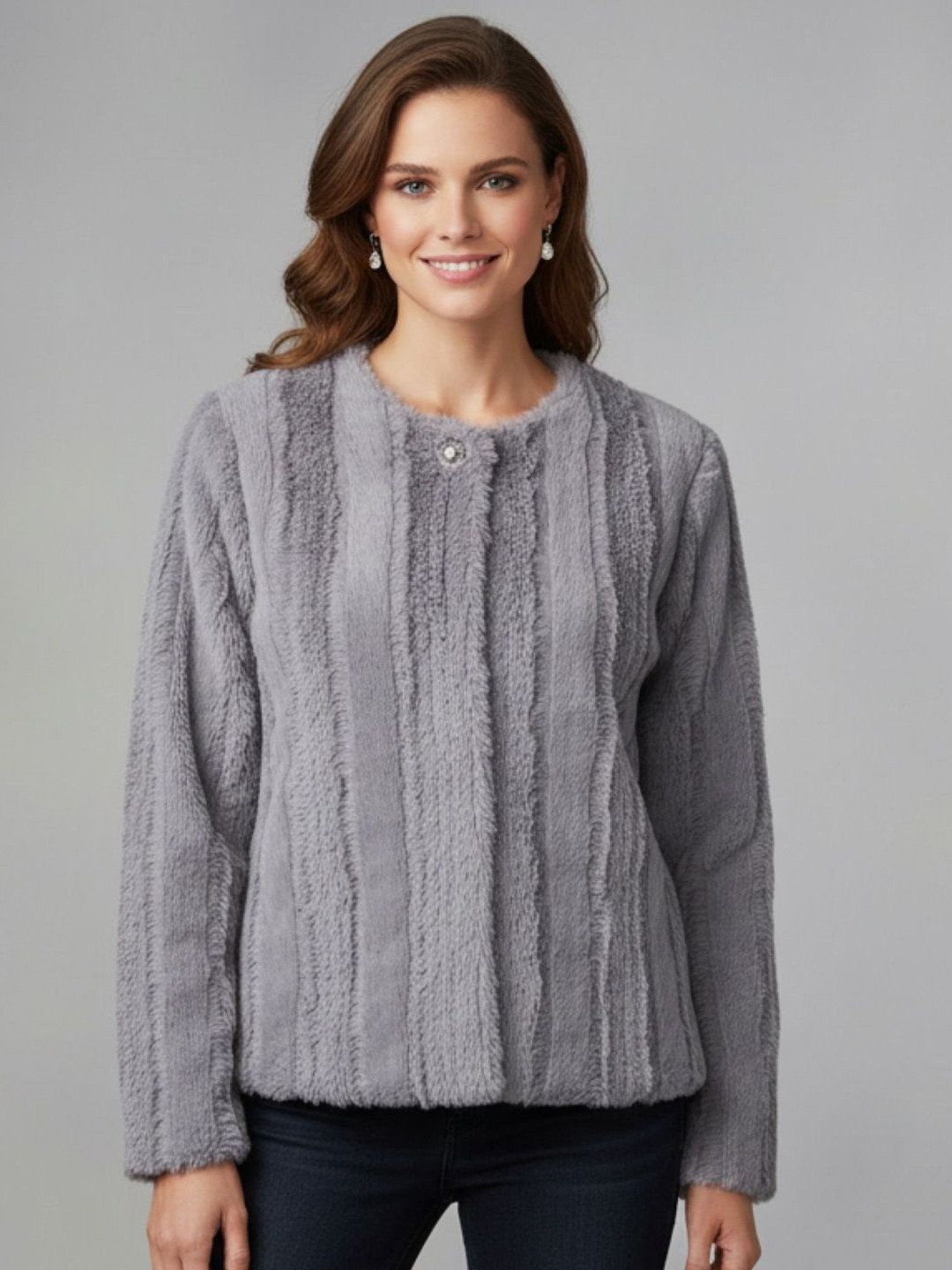 Wineberry Striped Round Neck Long Sleeves Front Open Sweater