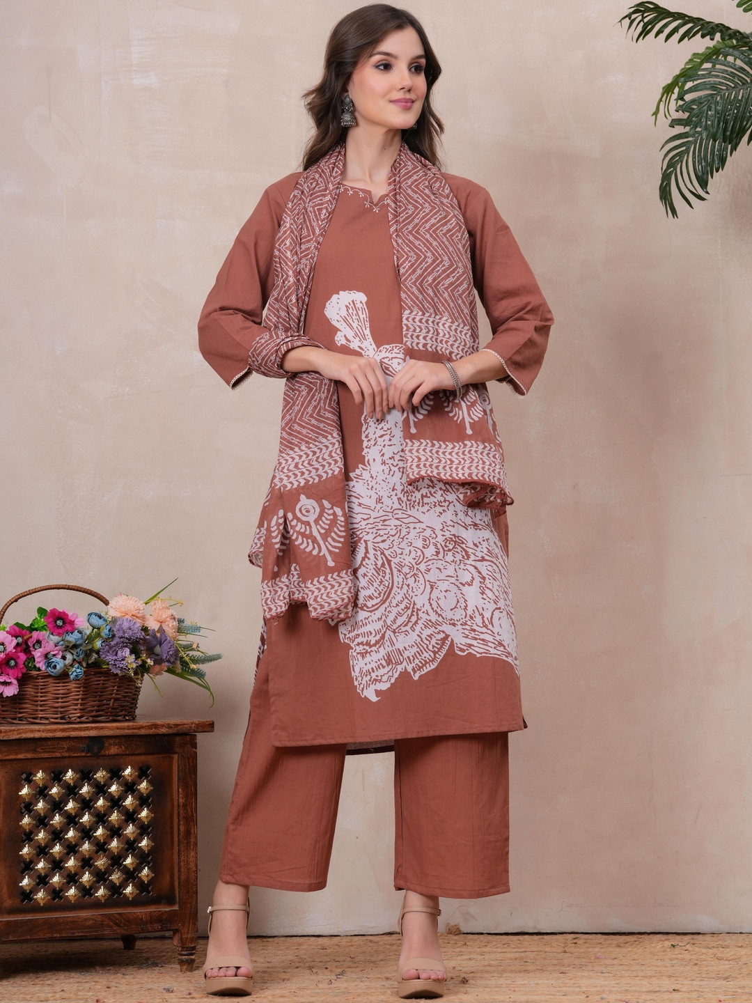 KALINI Peacock Printed Notch Neck Pure Cotton Straight Kurta & Trousers With Dupatta