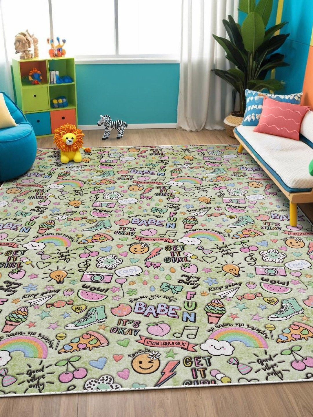 Kaleen India Kids Green & Pink Cartoon Characters Anti-Skid Carpet