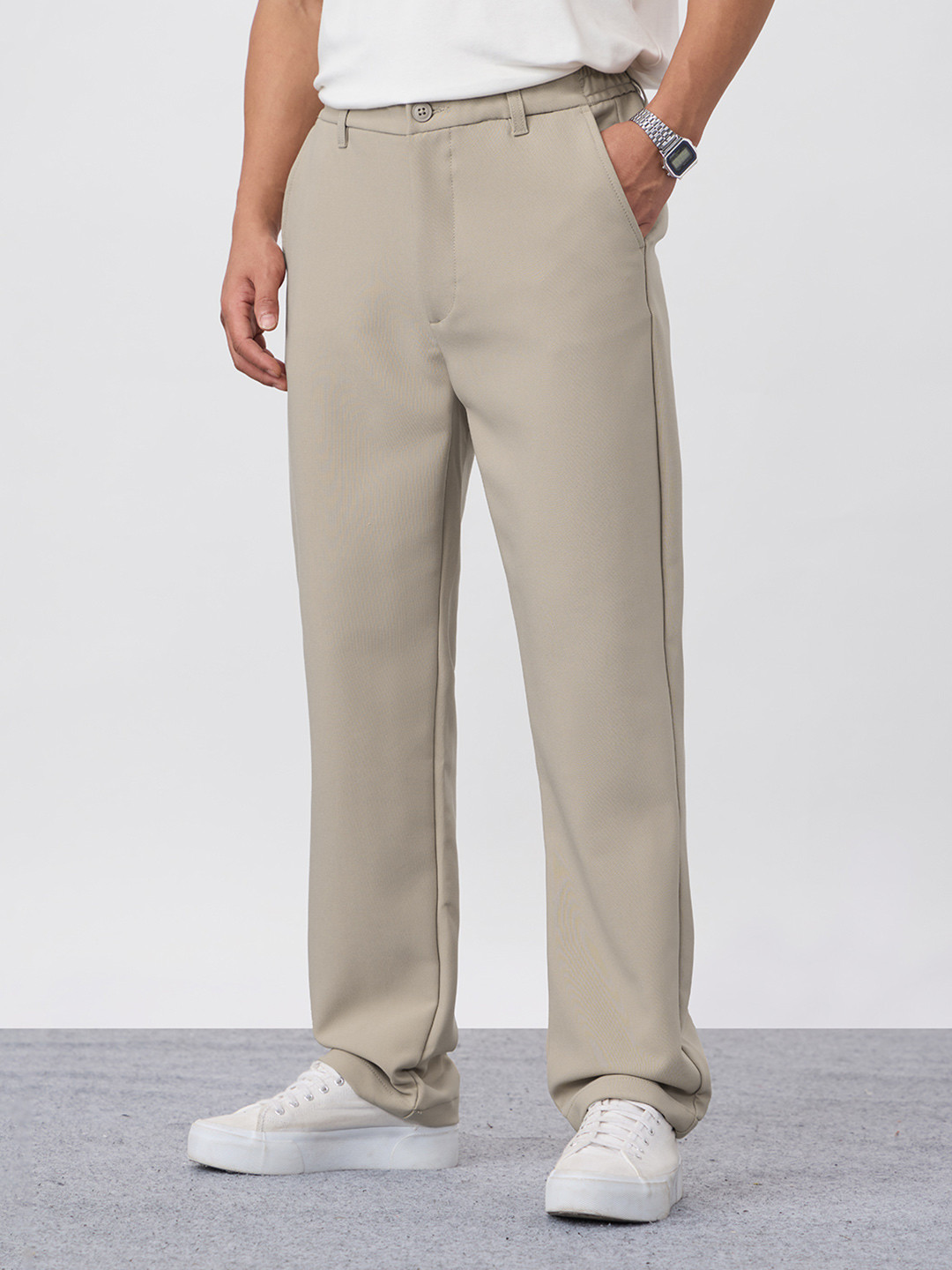 The Souled Store Men Super Pants: Fawn (Classic Fit) Beige Straight Fit Super Flex Pants