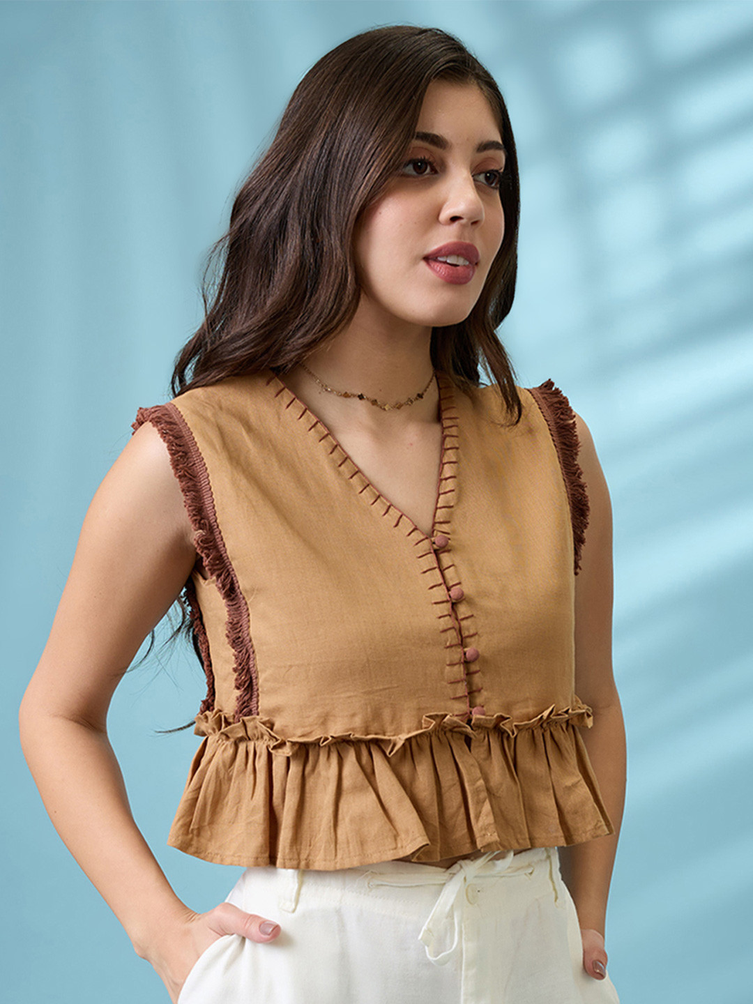 Globus V-Neck Thread Work Detail & Lace Inserts Pleated Crop Top