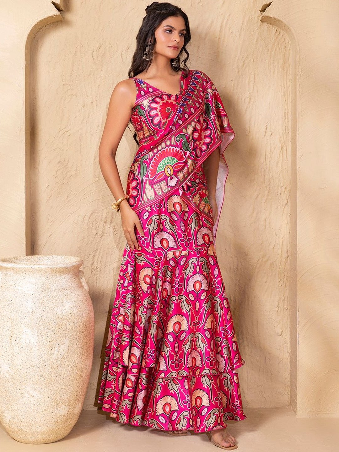 MABISH by Sonal Jain Ethnic Motifs Satin Draped Double Layer Pant Saree