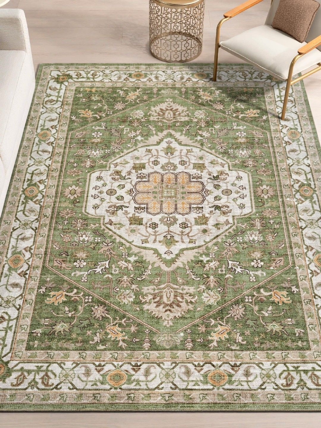 Kaleen India Sea Green & Beige Traditional Printed Anti-Skid Carpet