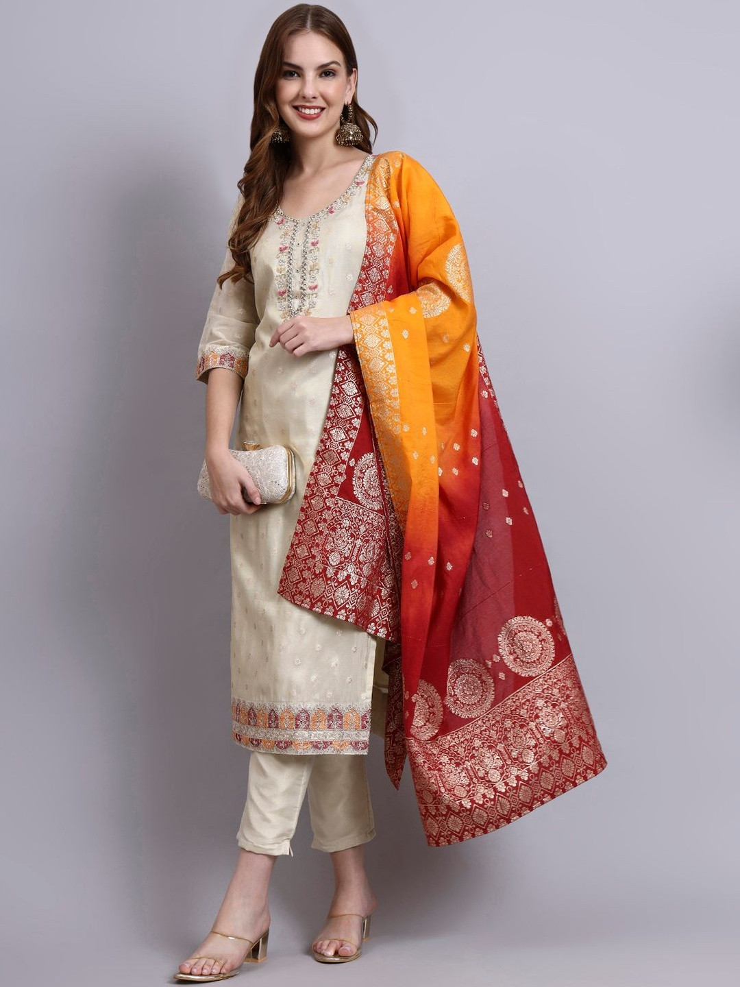 JDS LIFESTYLE Woven Design V-Neck Straight Kurta With Trousers & Dupatta
