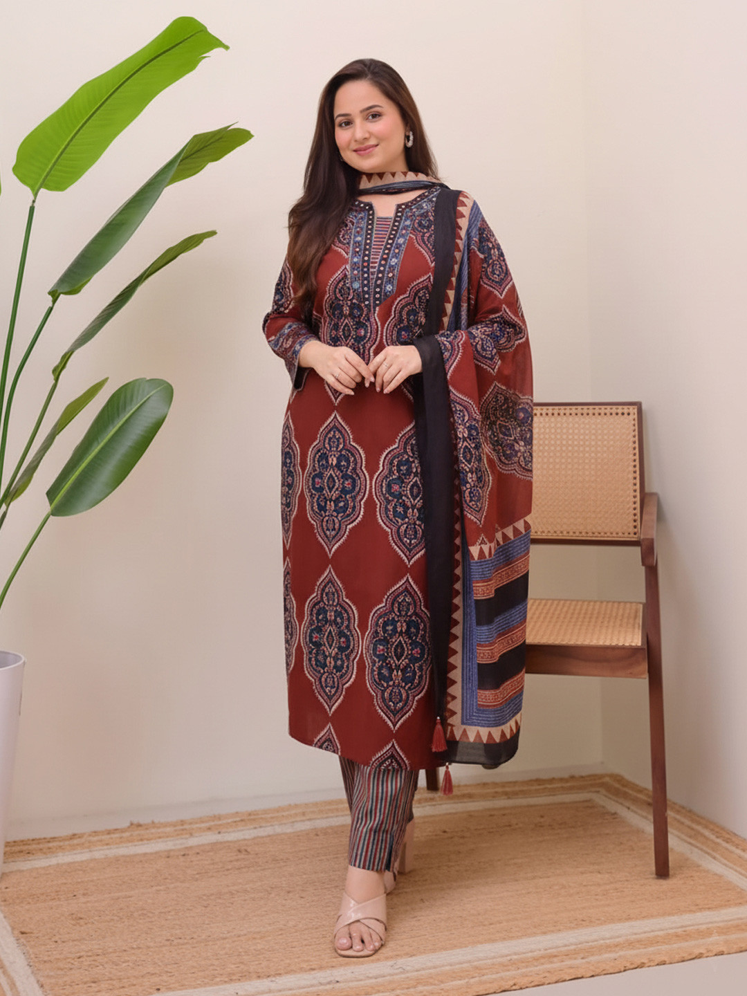 KAMODIAZ Ethnic Motifs Printed Pure Cotton Kurta With Trouser & With Dupatta