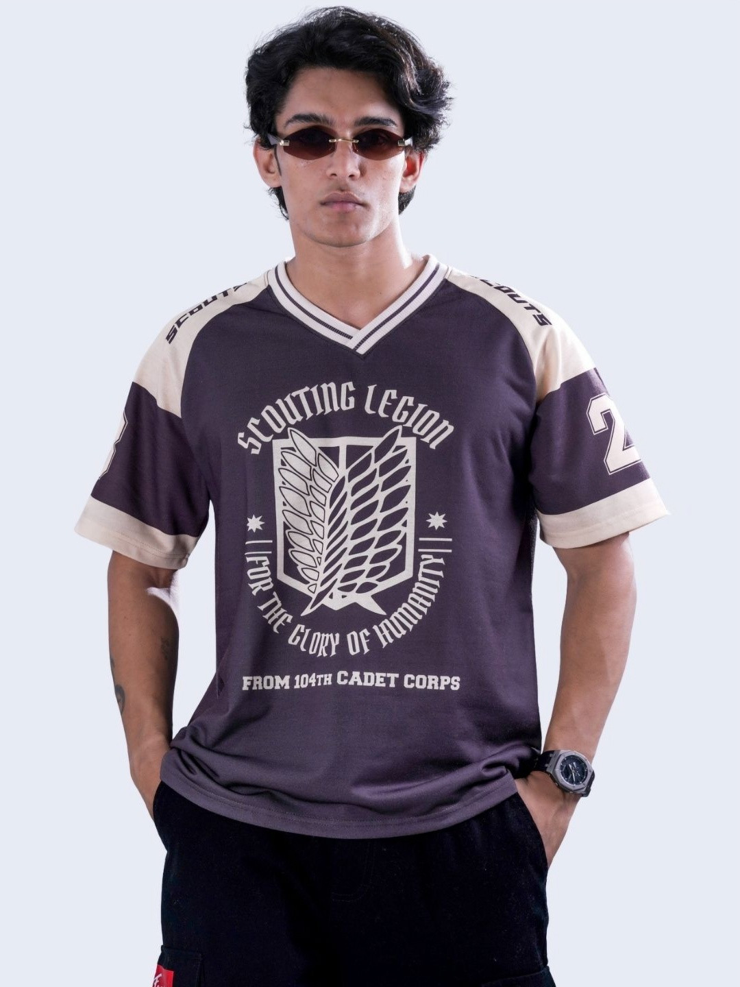 Fans Army Men Typography Printed V-Neck Pure Cotton Oversized T-shirt