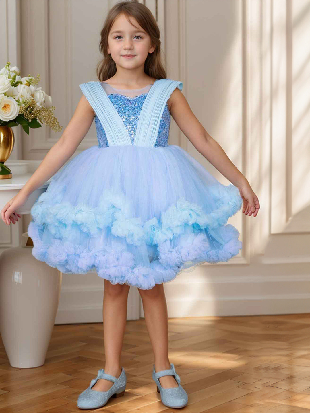 Lagorii Girls Ruffle Party Frock with Sequins Embellishment