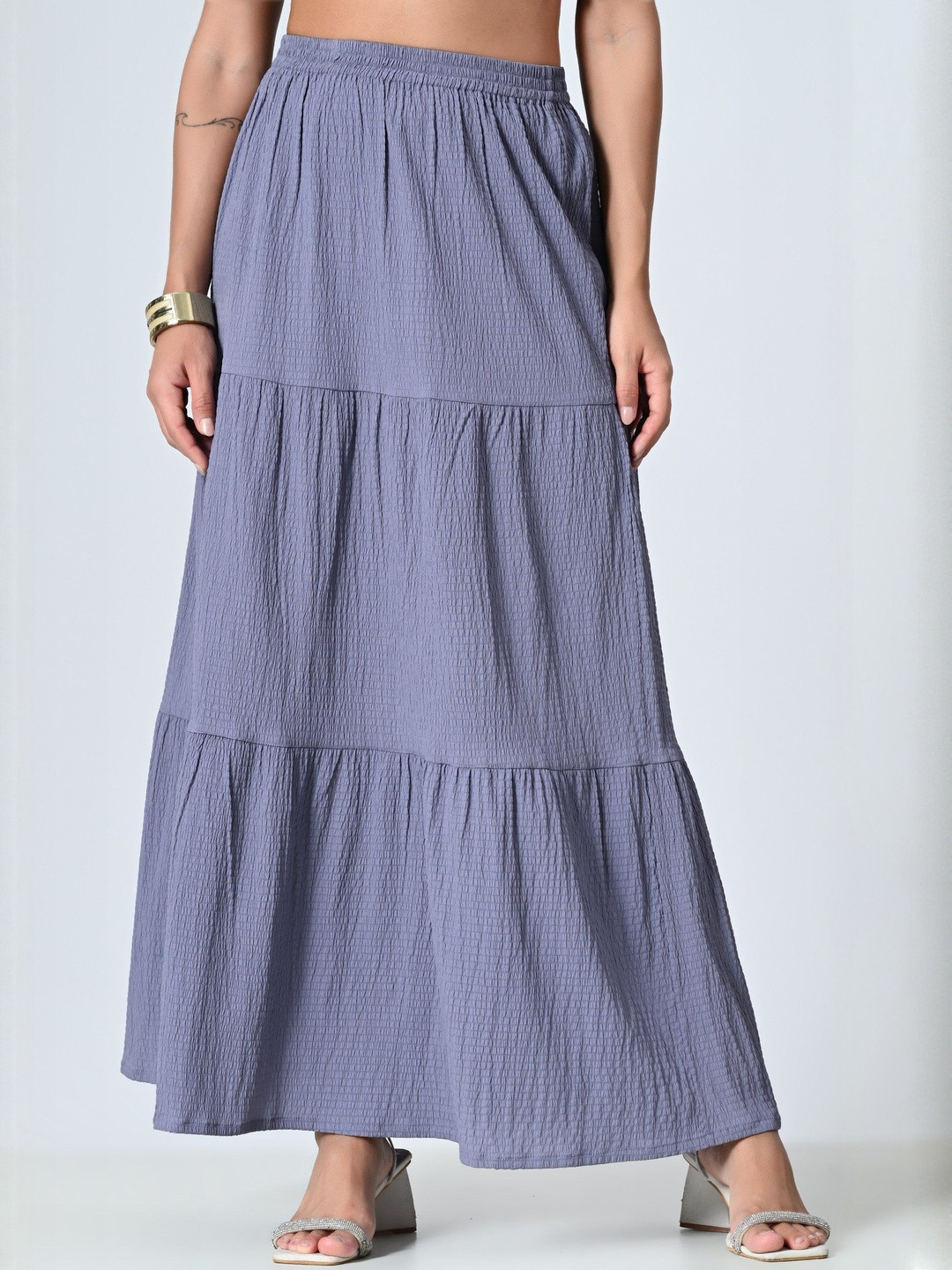 SZN Women Solid Elasticated Waistband Tiered Maxi Skirt