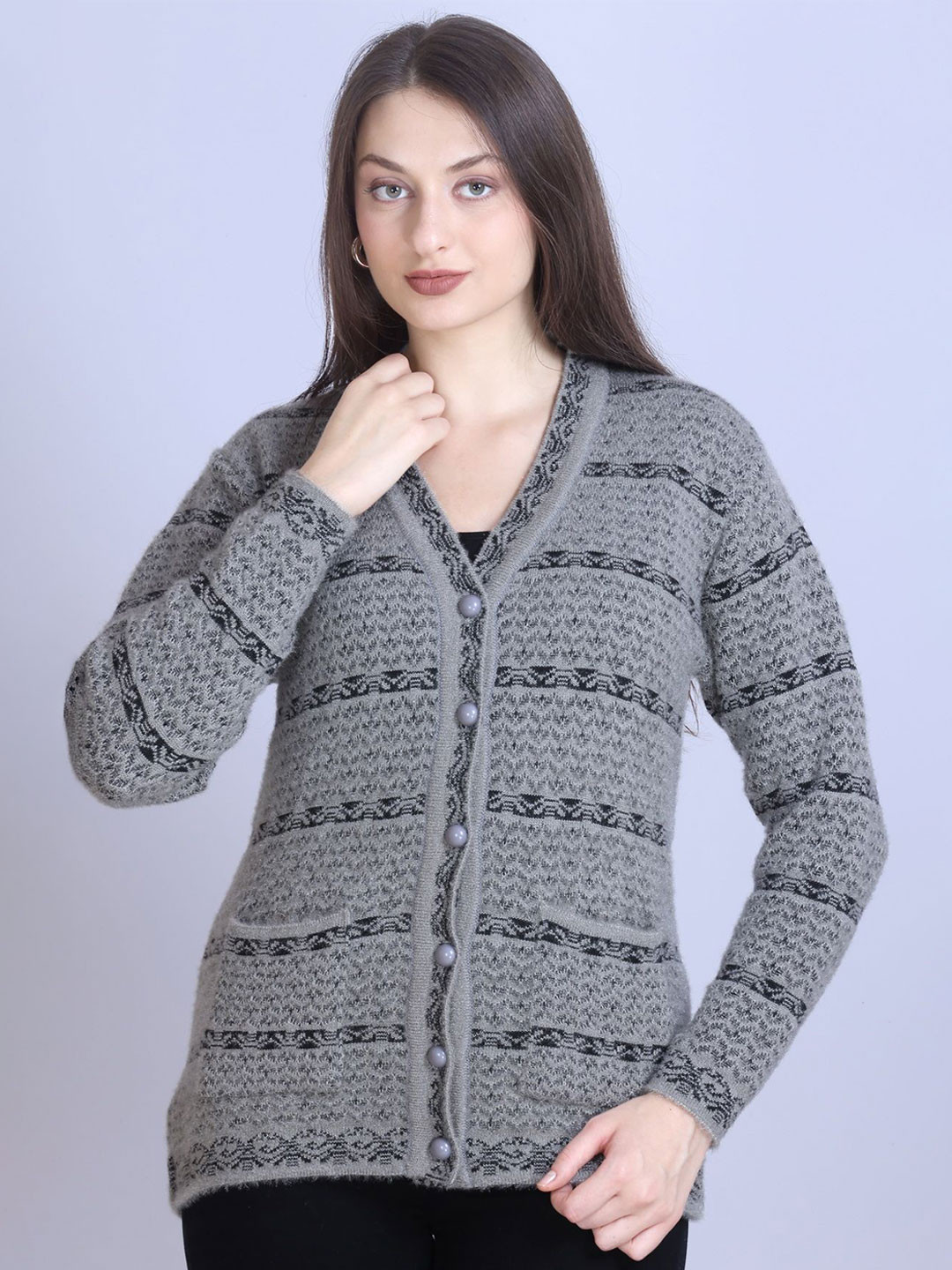 TRUDO Women Striped Woollen self Design Full Sleeve Cardigan