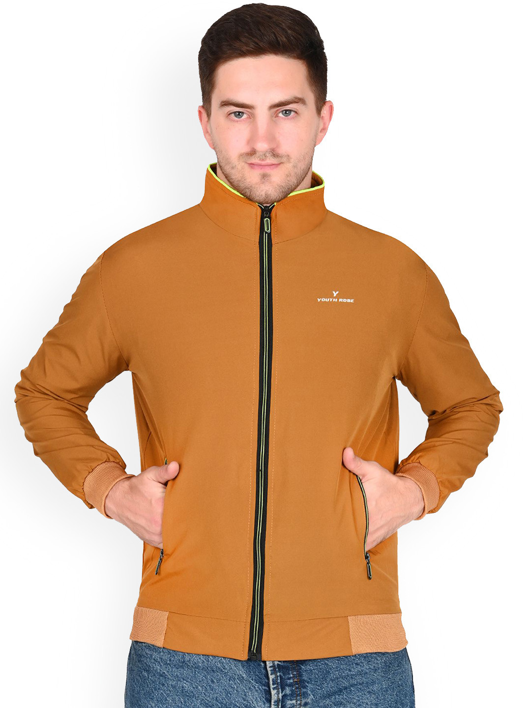 YOUTH ROBE Men Mock Collar Solid Lightweight Bomber Jacket