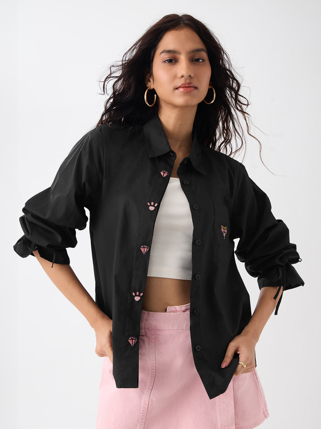 The Souled Store Oversized Pink Panther Sly Cat Embroidered Pure Cotton Casual Shirt