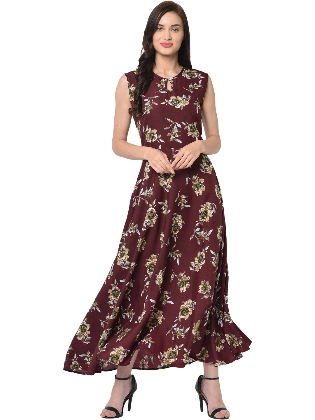 Women's Maroon Crepe Printed Dress