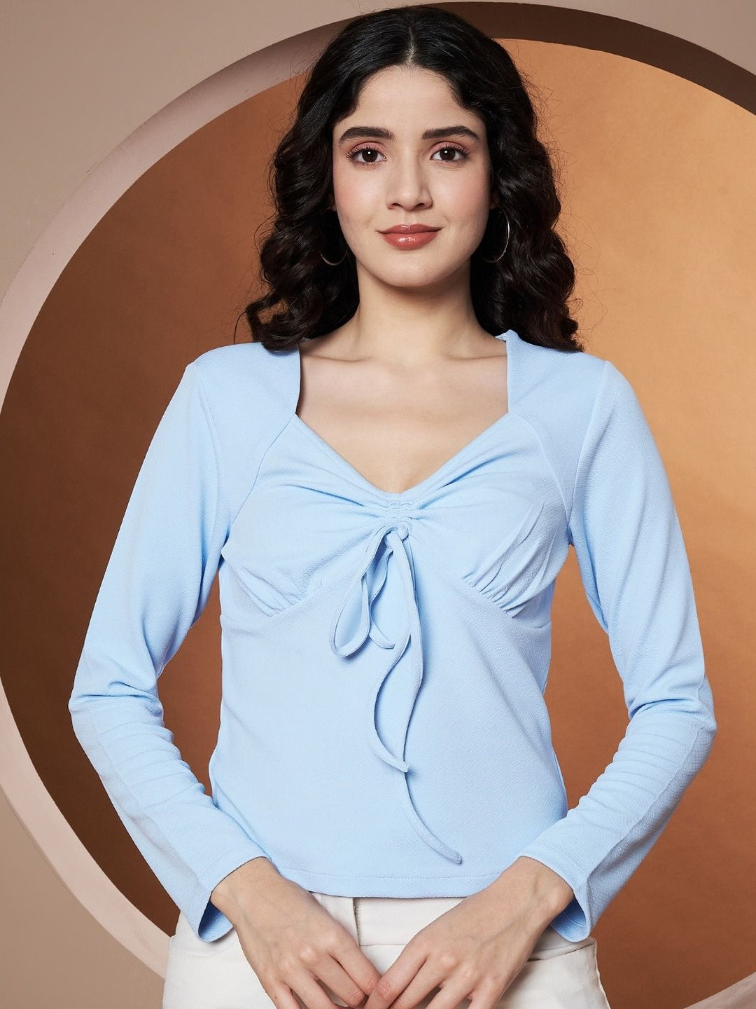 Slenor Solid Square Neck Long Sleeves Tie-Ups Detail Top