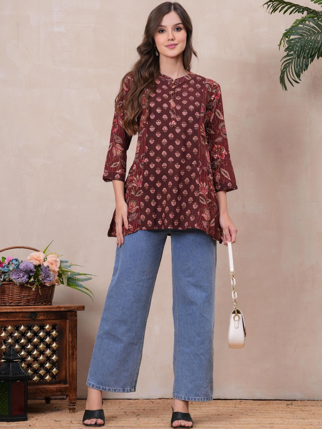 JC4U Women Printed Mandarin Collar Top