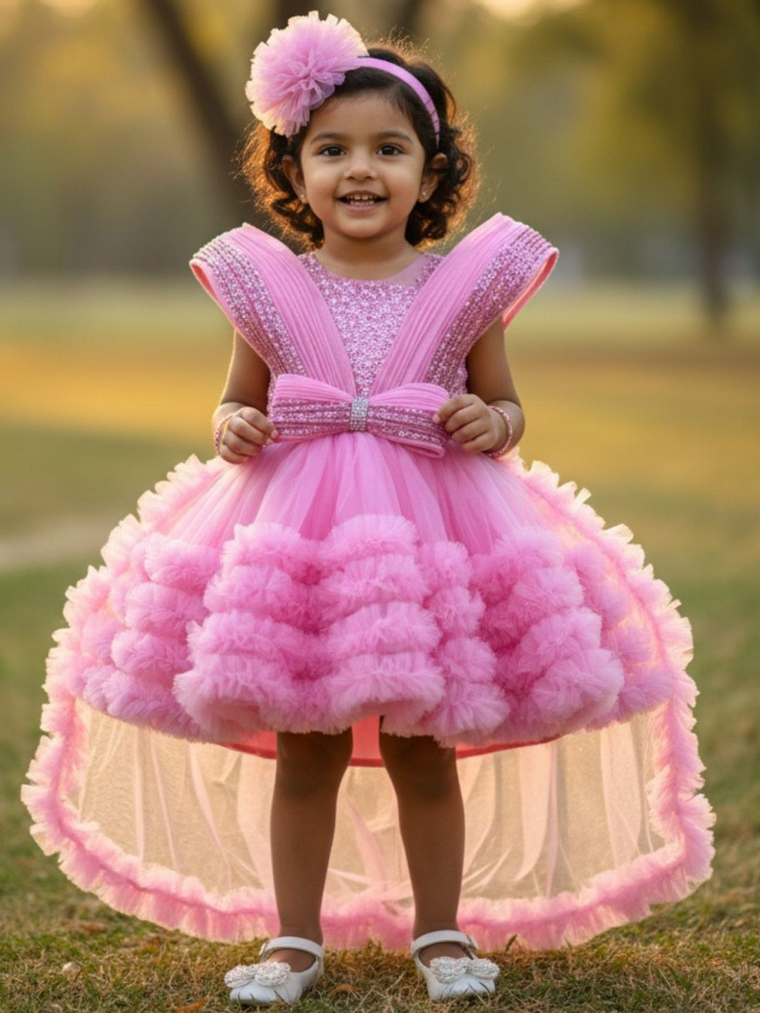 Lagorii Girls Party Frock With Layered Ruffles Statement Bow Tailback Fit & Flare Dress