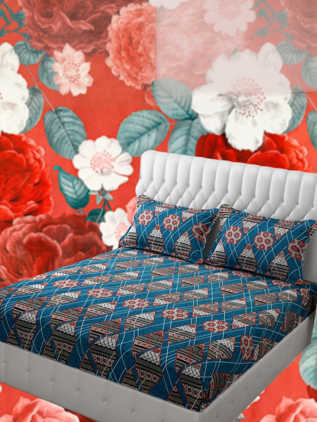 WELLNEST Blue King Bedsheet with 2 Pillow Covers