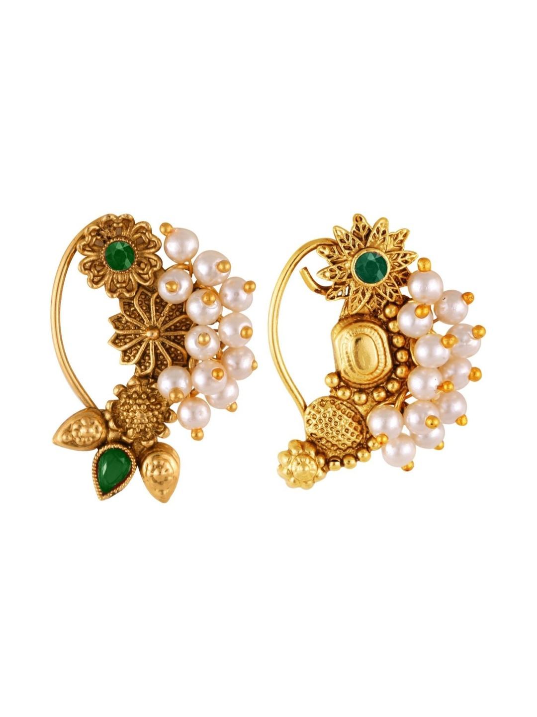 VIVASTRI Set Of 2 Gold-Plated Artificial Stones Studded & Beaded Nath Nose Pins