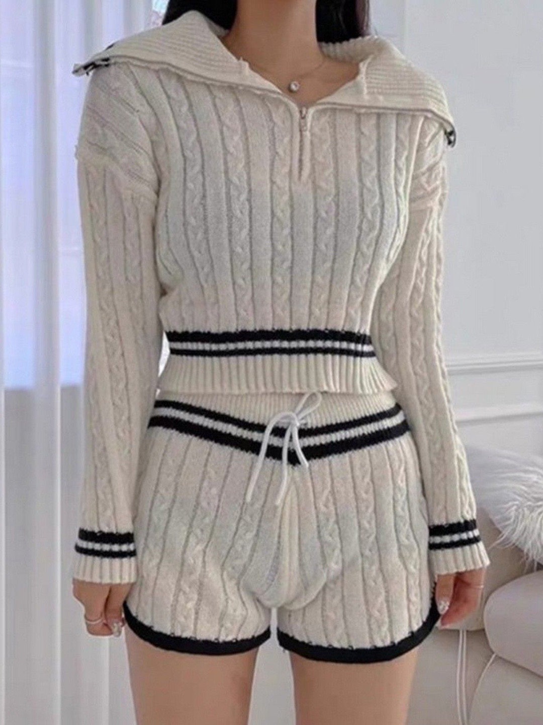 StyleCast Women Cable-Knit Half Zipper Sweater & Shorts Co-Ords