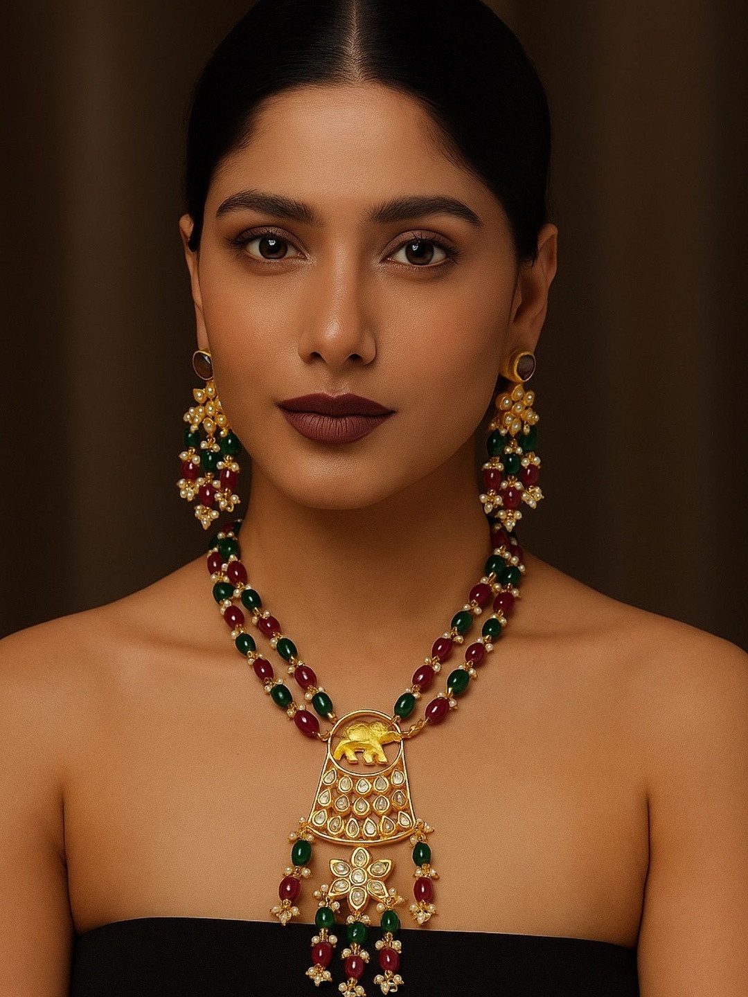 Digital Dress Room Gold-Plated Pearls Studded & Beaded Elephant Shaped Necklace & Earrings