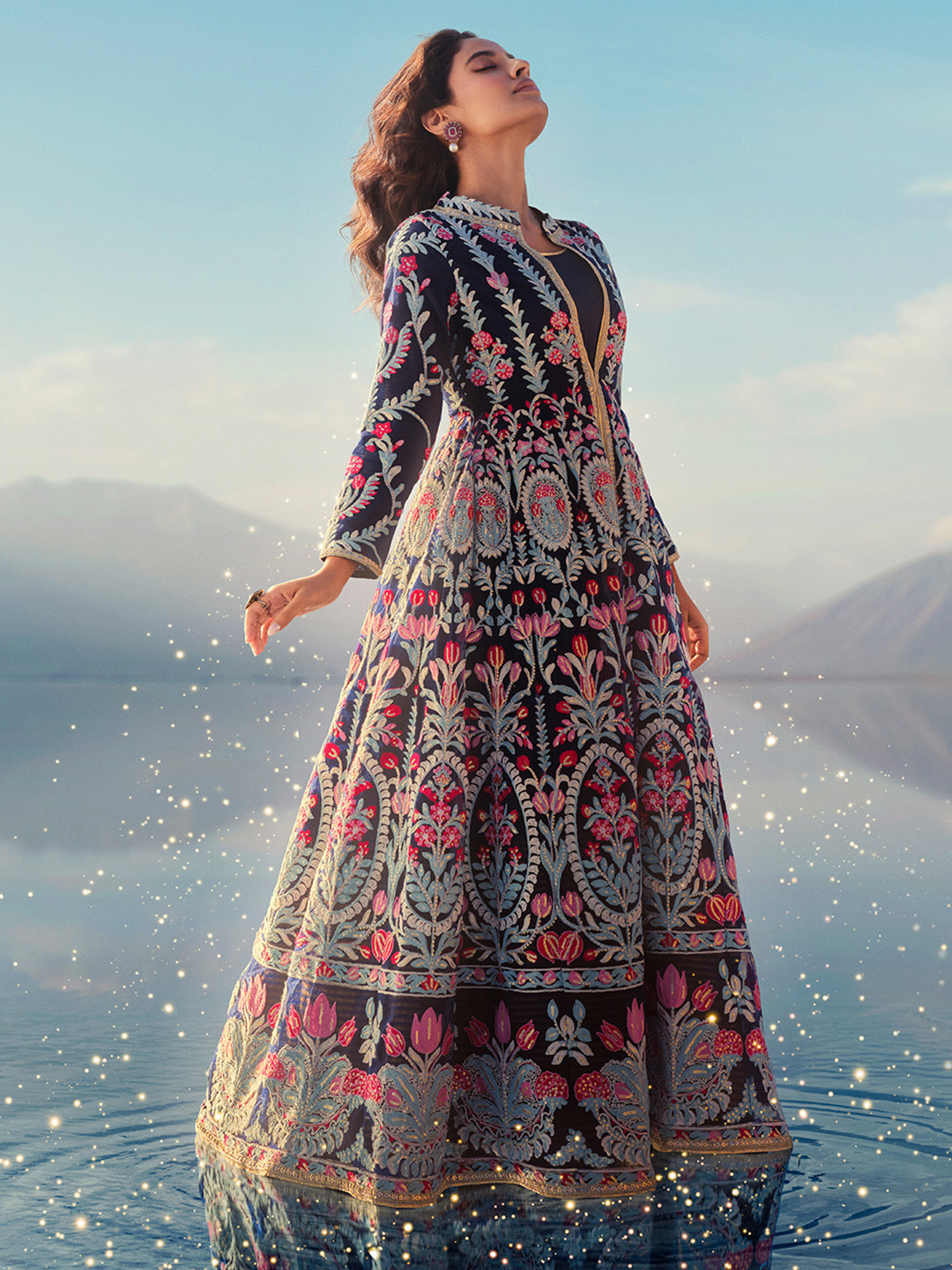 WISHFUL Ethnic Motifs Printe Sequined Fit & Flare Ethnic Dress with Jacket