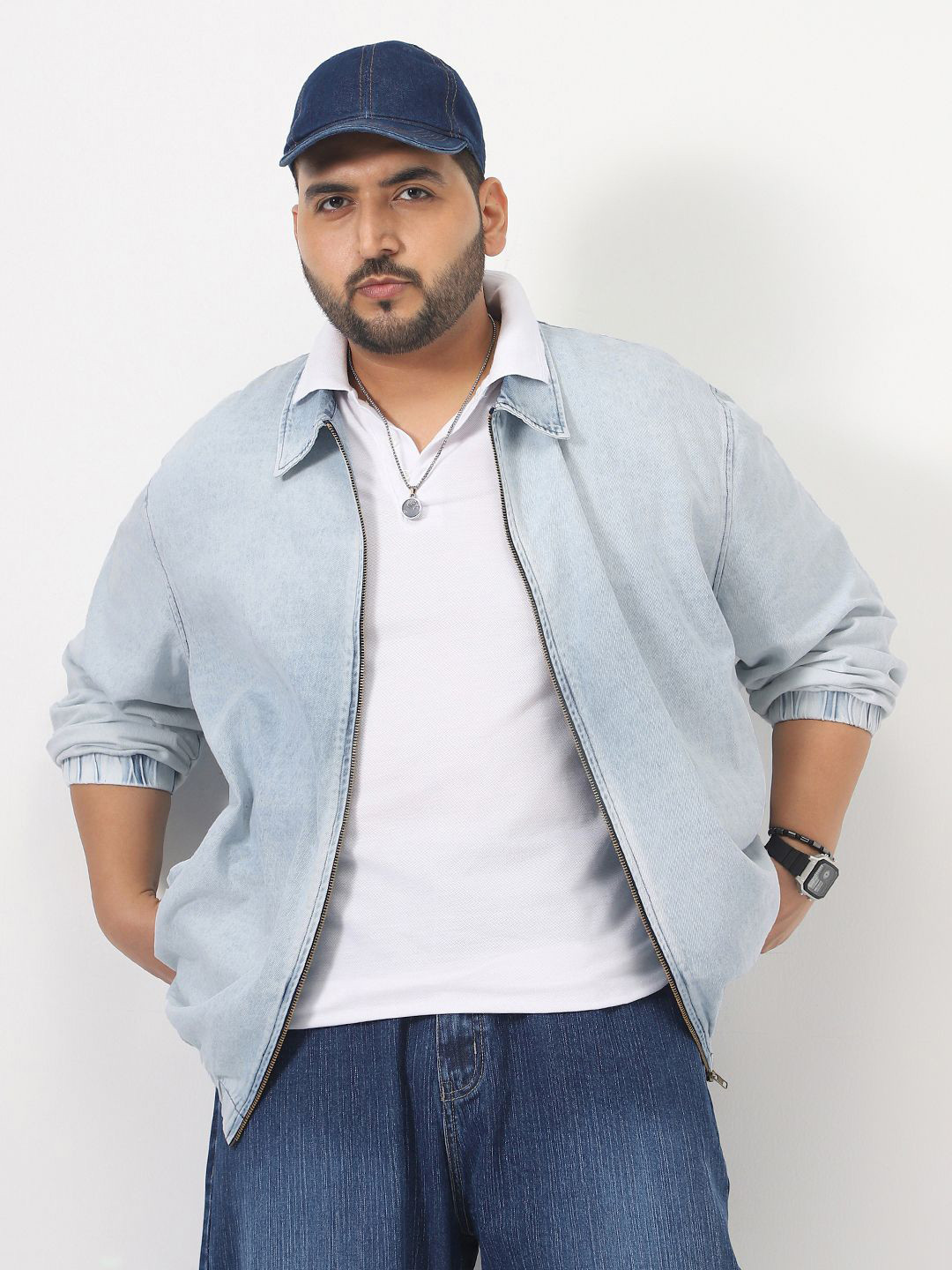 Urbano Plus Men Plus Size Ice Blue Washed Relaxed Fit Harrington Denim Jacket