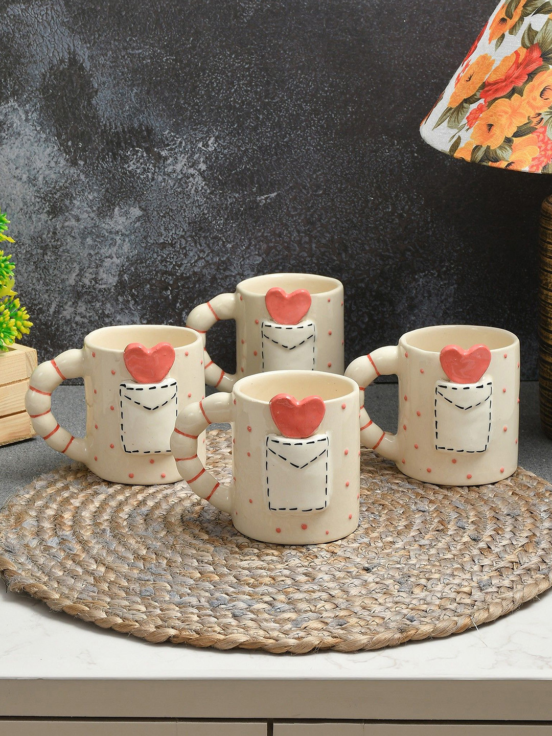 CLIO'S HERITAGE STORE White & Red Set of 4 Heart Textured Ceramic Glossy Mugs 250ml