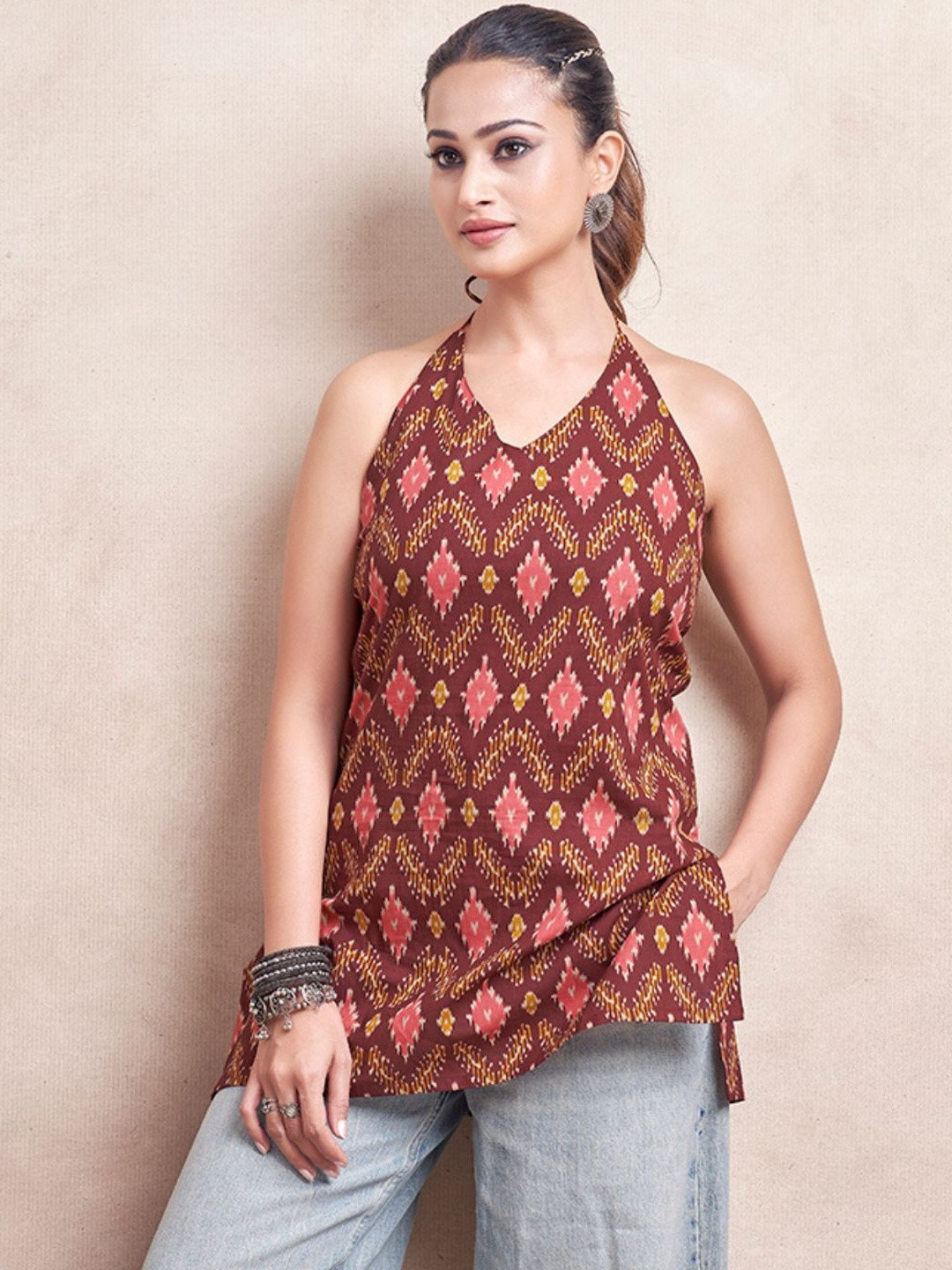 KALINI Women Ethnic Motifs Printed Halter Neck Backless Short Kurti