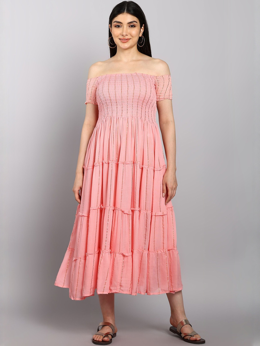 SATHRAY Women Off-Shoulder Tiered Smocked Detail Fit and Flare Maxi Top