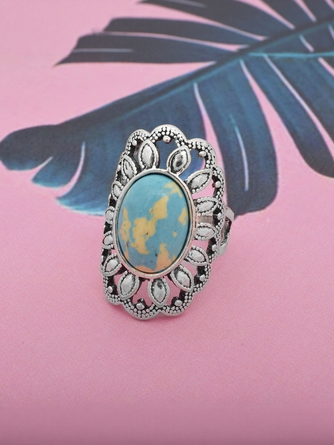 DZINETRENDZ Women Oxidised Silver plated, Faux (Imitation) Turquoise Firoza finger ring