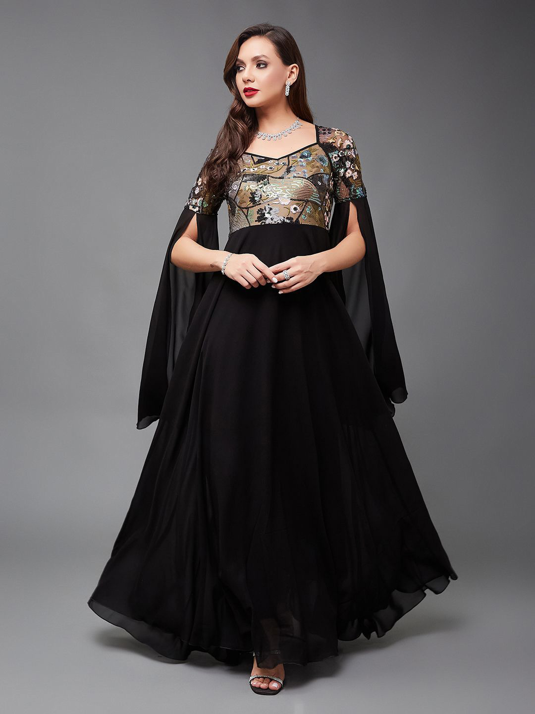 Miss Chase Flared Sleeve Georgette Maxi Dress