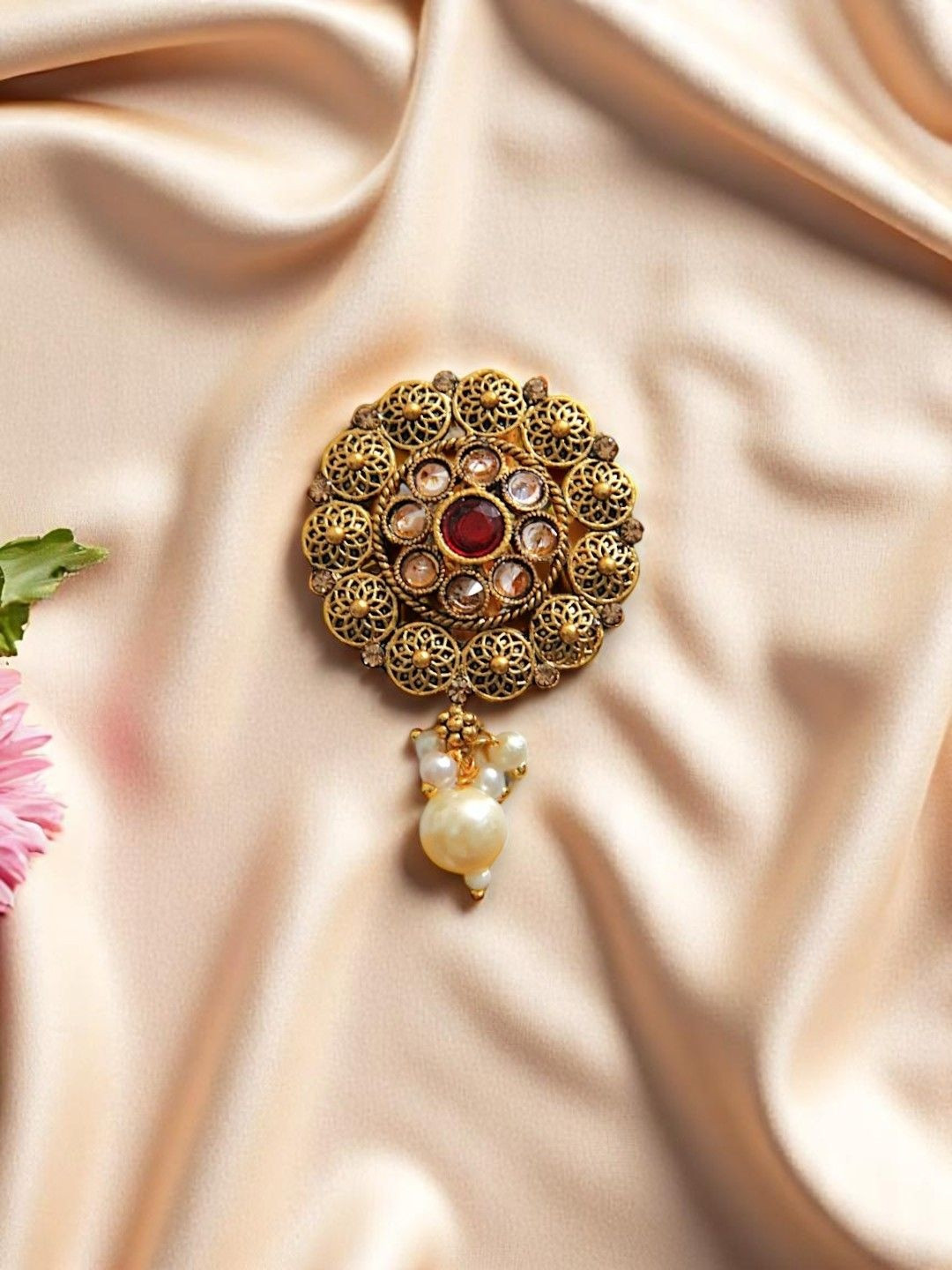 AccessHer Women Gold-Plated Round Artificial Stones and Beads Floral Brooch