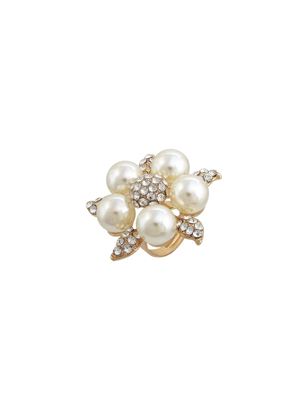 Gold plated, Big Pearl and CZ, Flower design, Bold statement finger ring