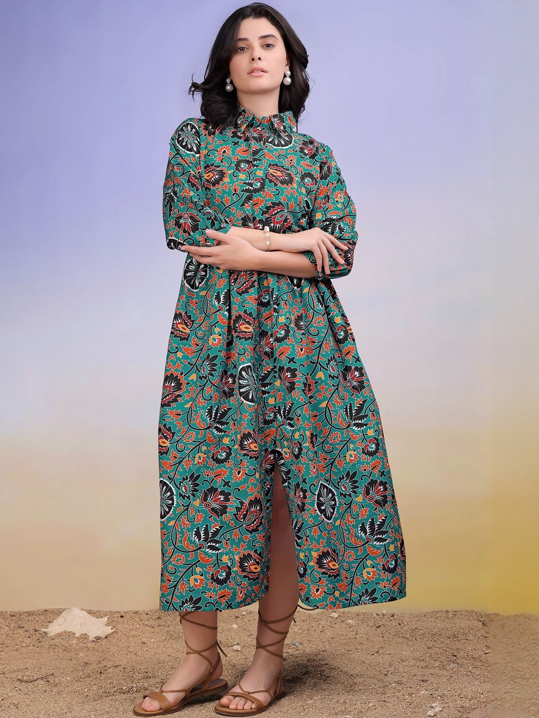Women Printed Rama Green Midi Cotton Dress
