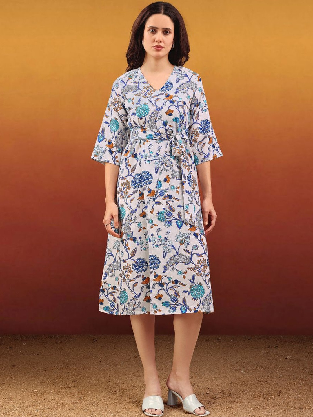 Printed White Wrap  Dress