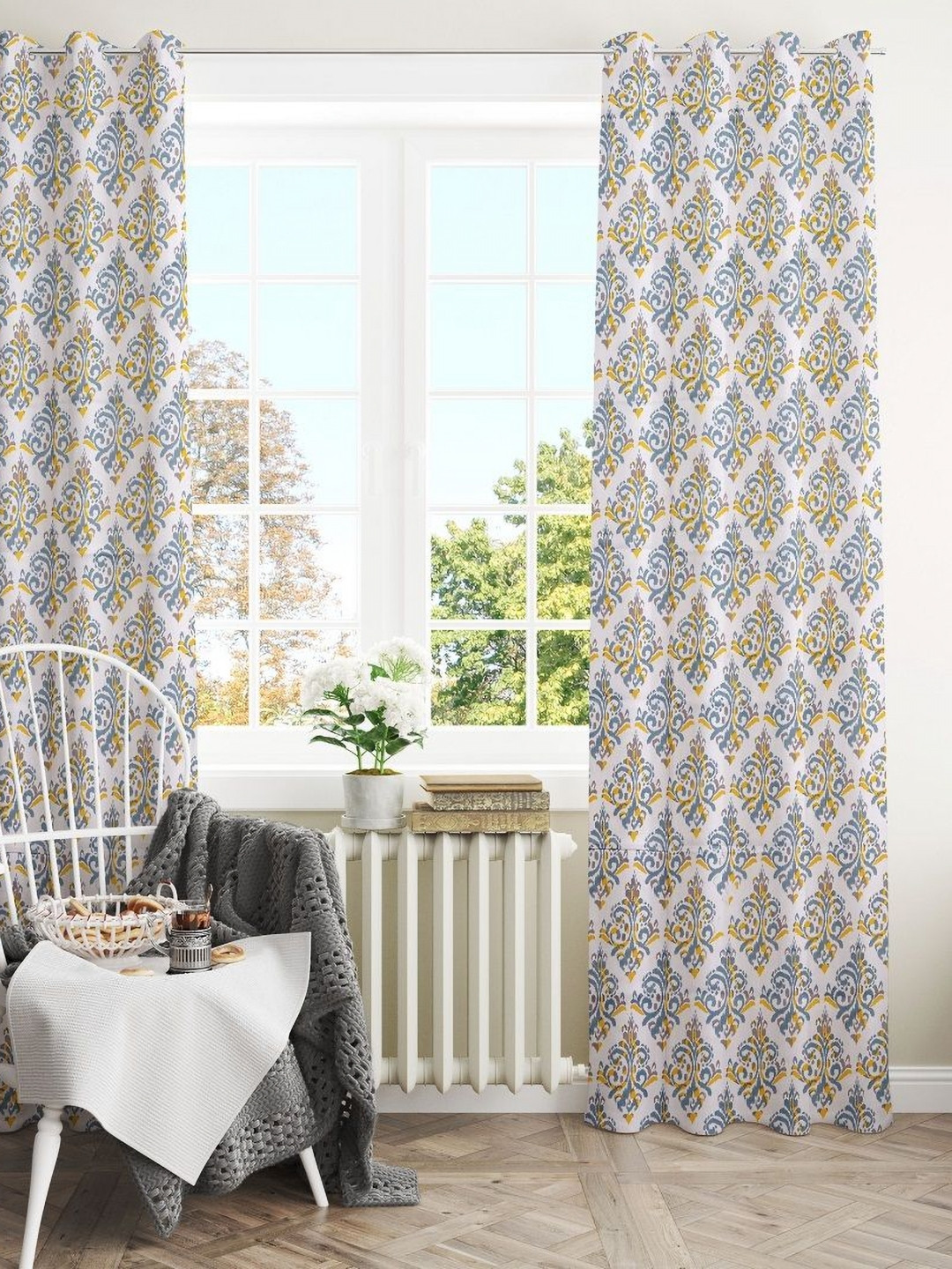 HOMEMONDE Yellow & White Set of 2 Geometric Room Darkening Cotton Door Curtains