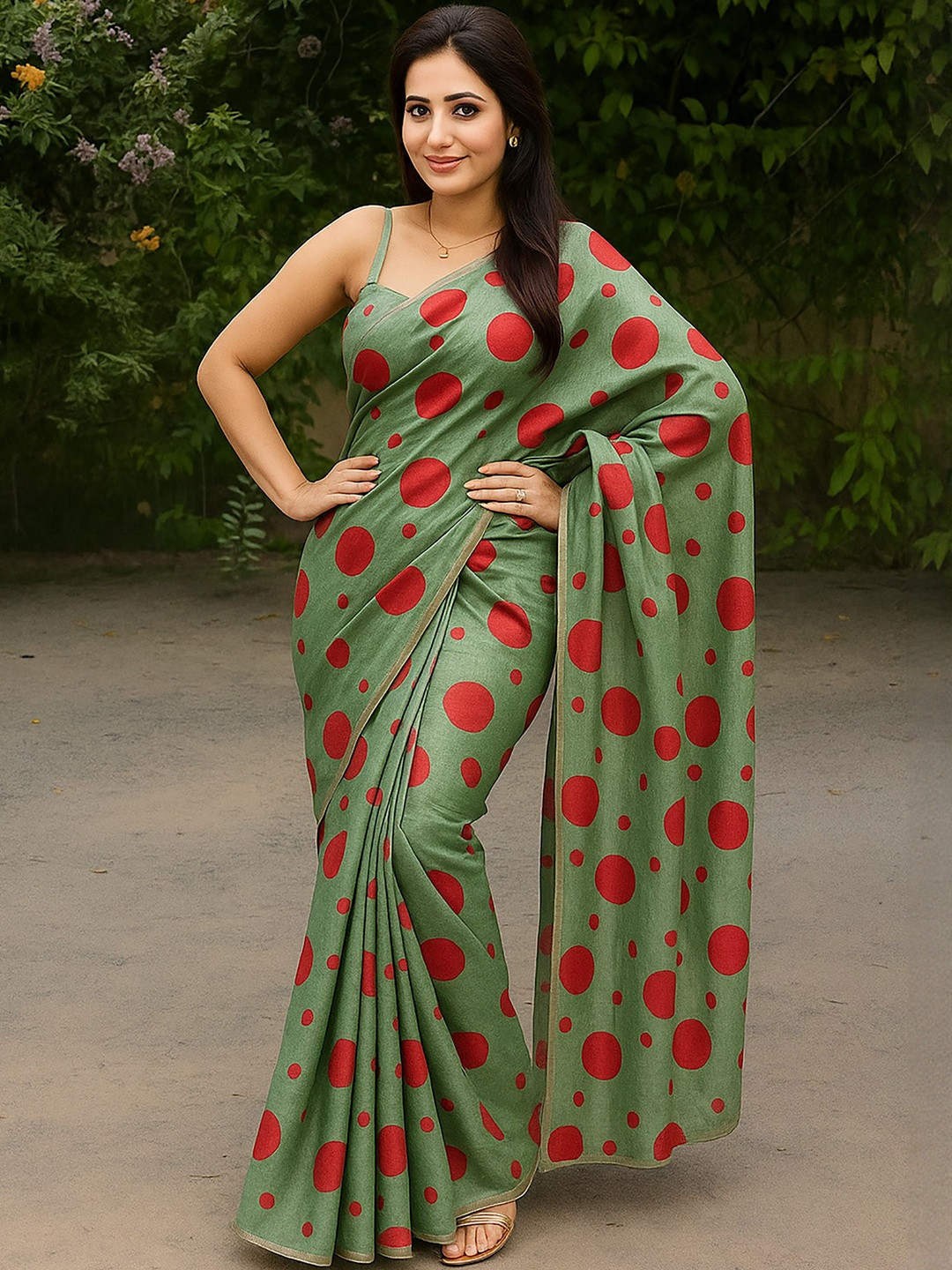 Moda Rapido Polka Dot Print Block Print Saree with Unstitched Blouse Piece