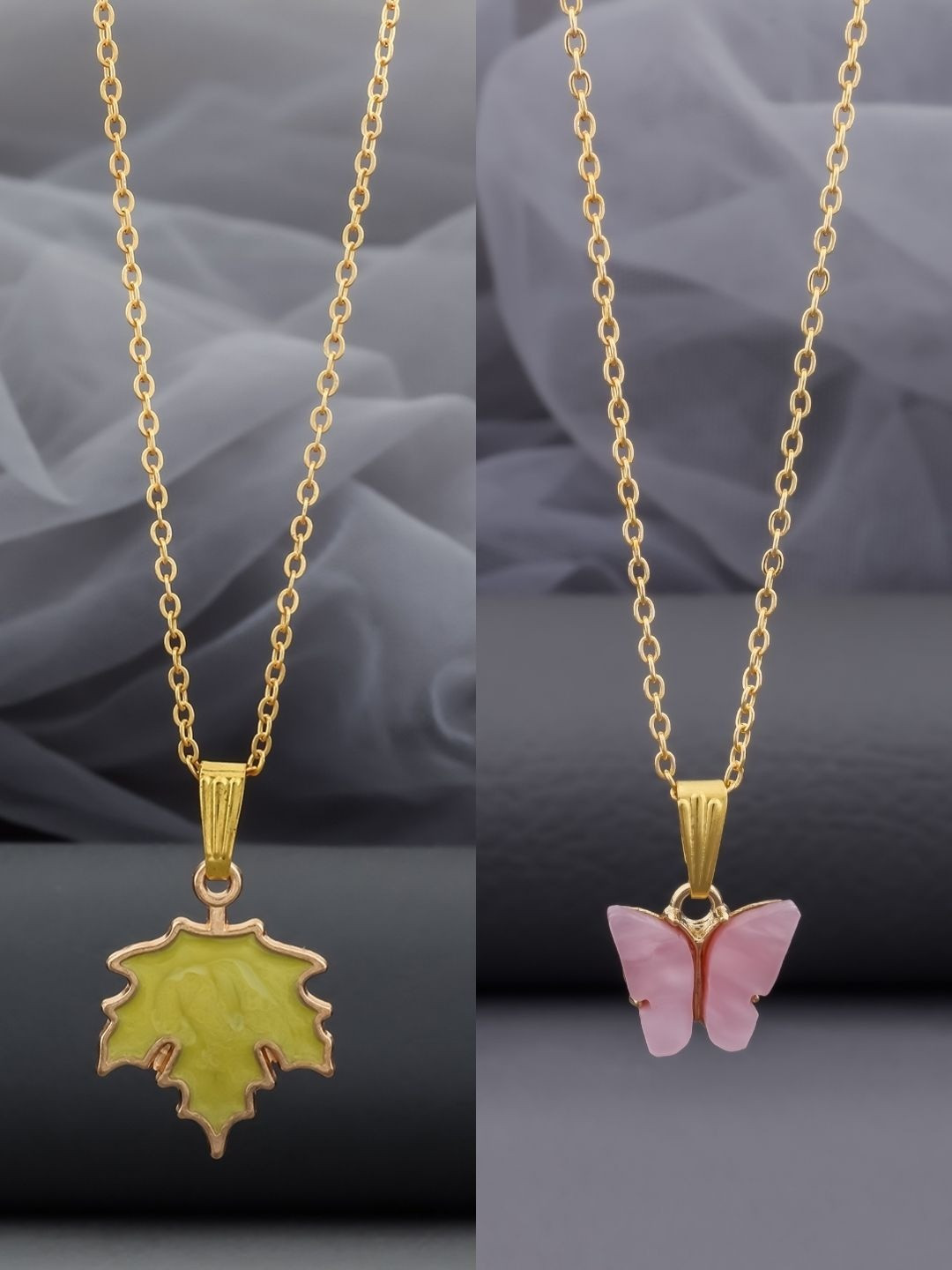 Birado Jewellery Set Of 2 Stainless Steel Gold-Plated Butterfly Shaped Pendent With Chain