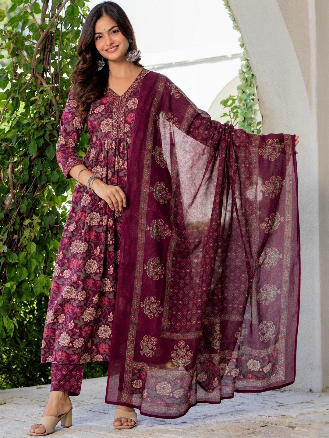 Blackoont Women Ethnic Motifs Printed Pure Cotton Anarkali Kurta with Trousers & Dupatta