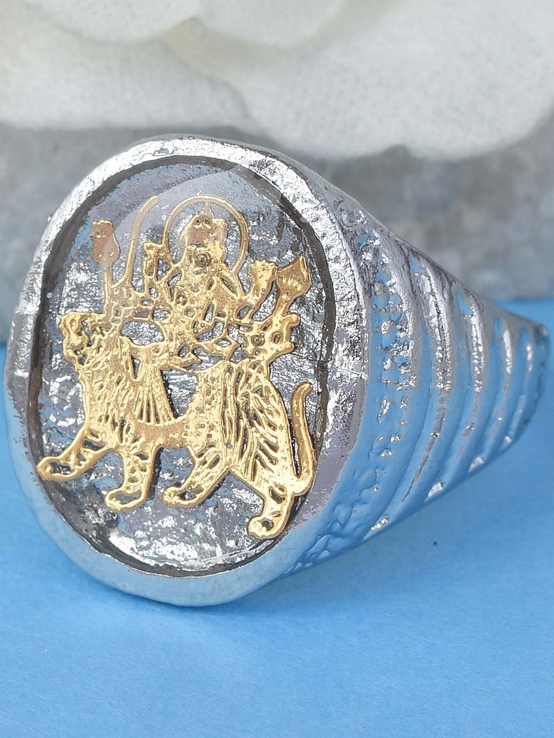 Brass Silver Plated Gold Engraved Sherawali MATA finger ring