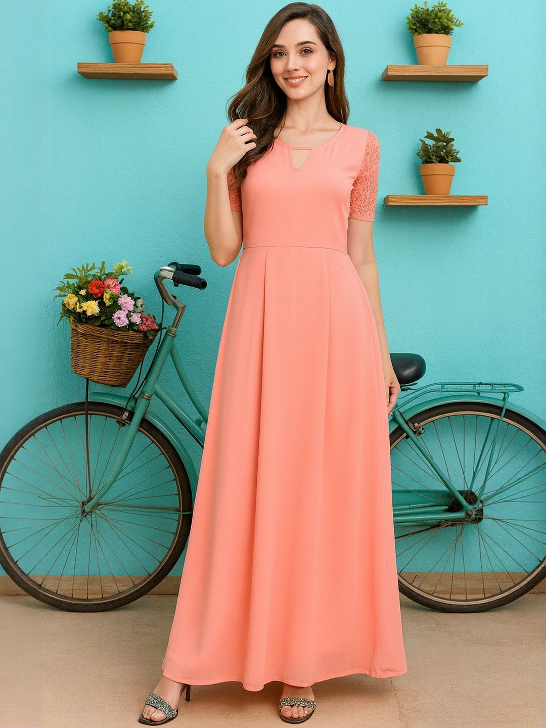 DressBerry Women Keyhole Neck Short Sleeves Lace Fit & Flare Maxi Dress