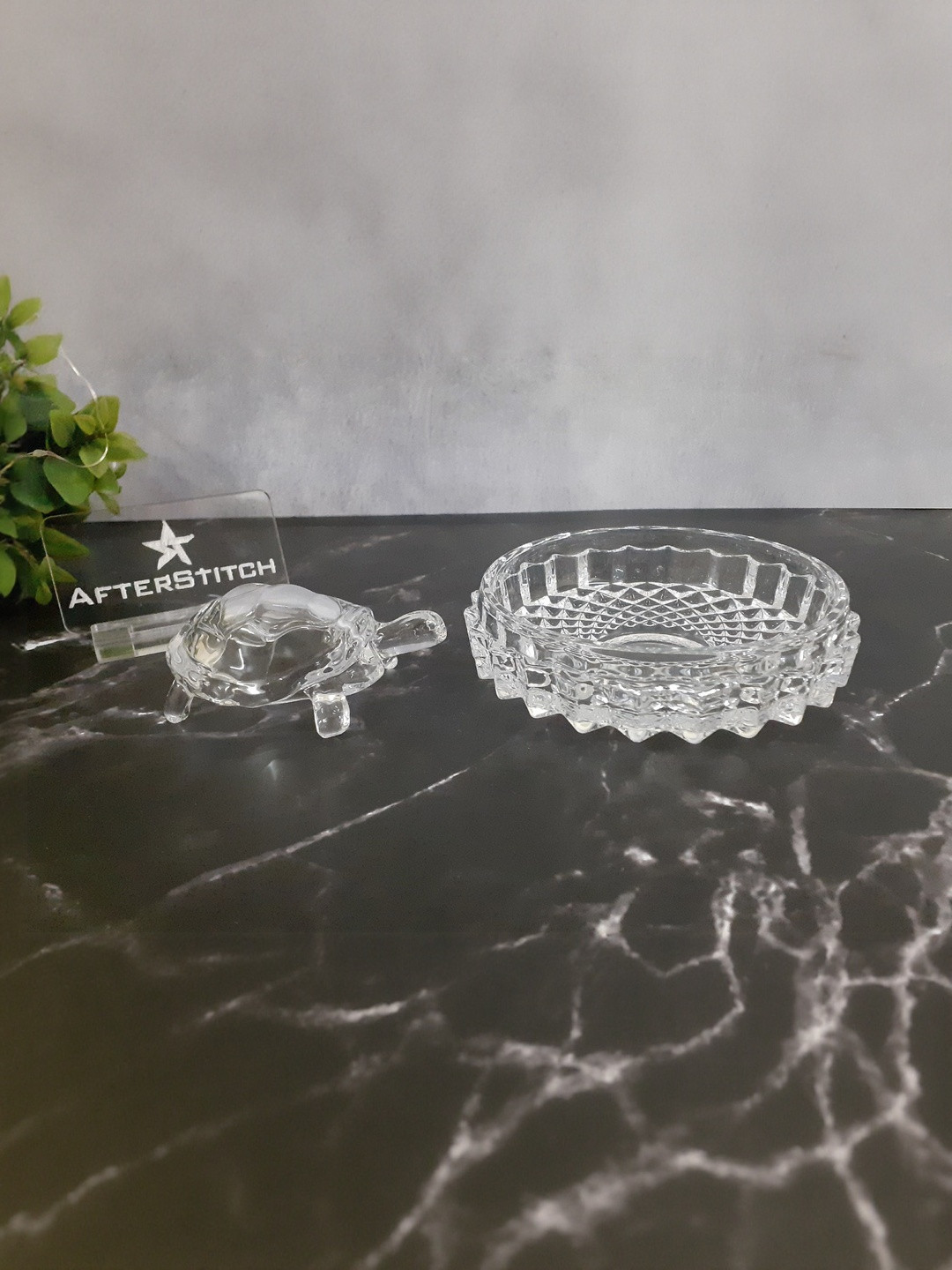 Afterstitch Transparent 2 Pcs Tortoise Idol With Plate Vaastu Fengshui Glass Showpieces