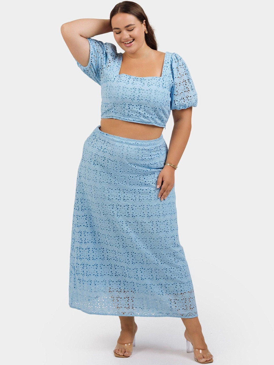 Virgio Women Self Design Embroidered Square Neck Puff Sleeve Plus Size Cotton Crop Top